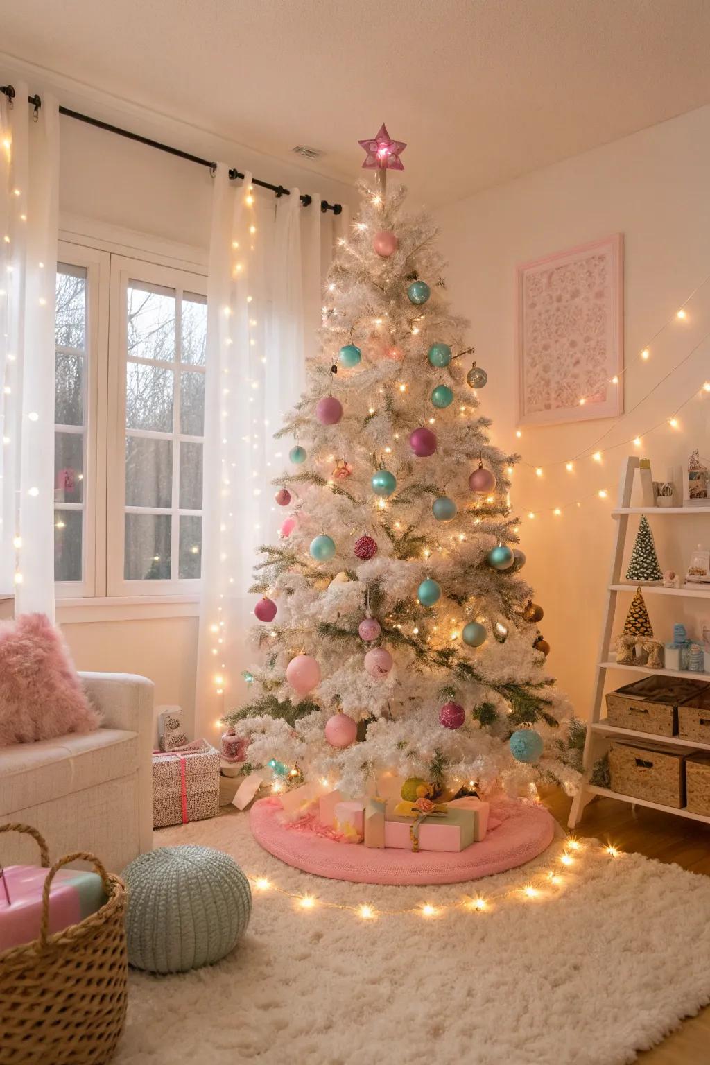 A dreamy Christmas tree showcasing delicate-shaded lights and decorative items, ideally suited to achieve a light-spirited festive atmosphere.