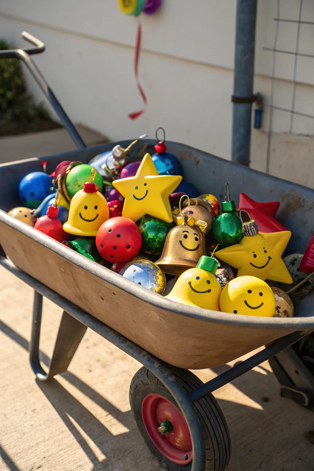 A builder's cart overflowing with symbols of holiday cheer.