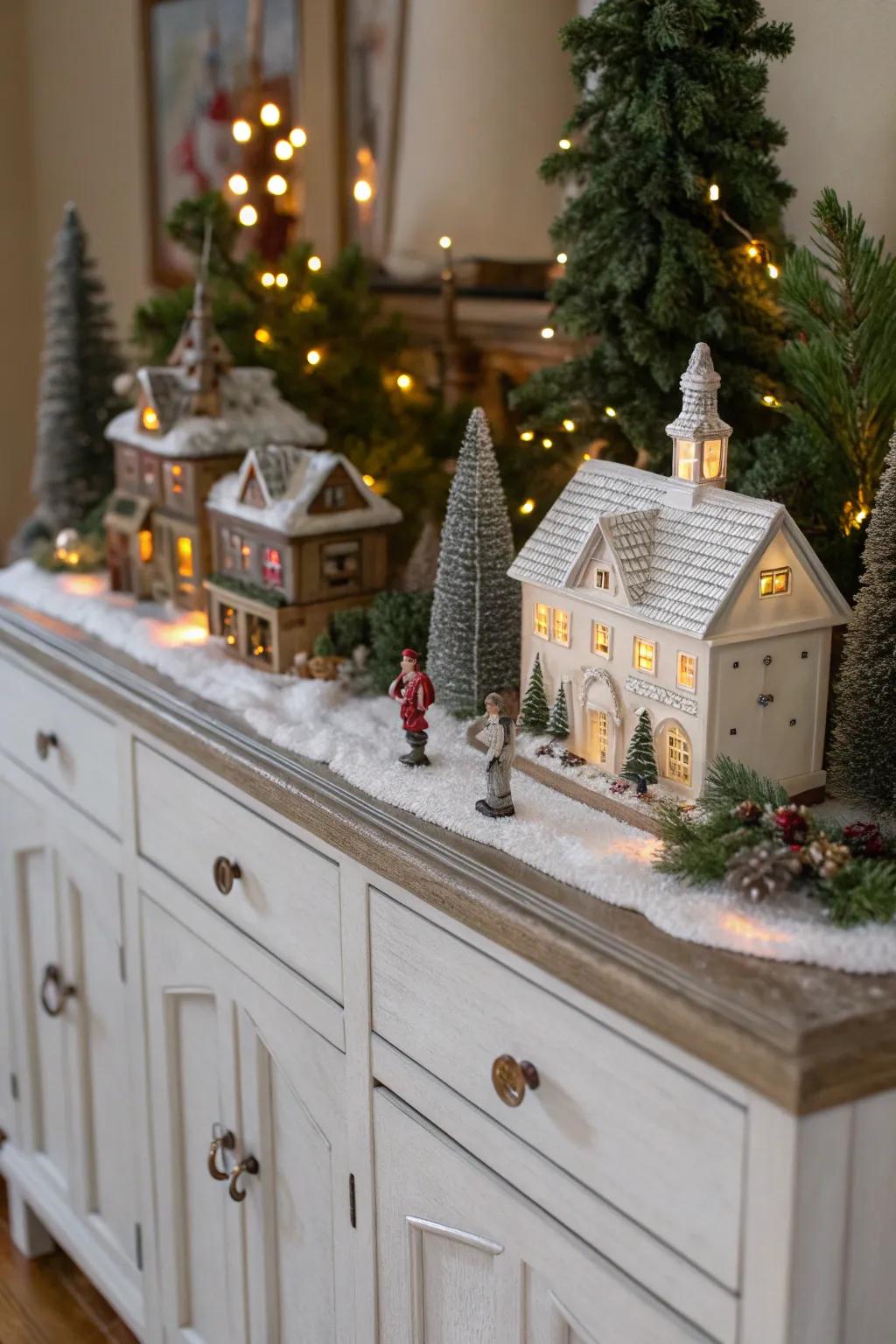A delightful holiday hamlet scene featuring miniature cottages and trees.