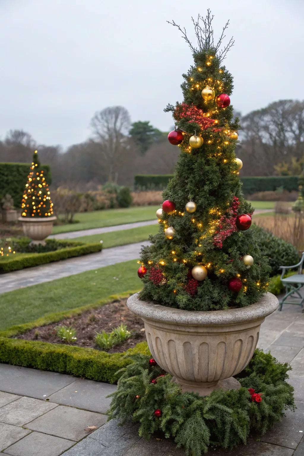 A unique Christmas topiary displayed in a planter.