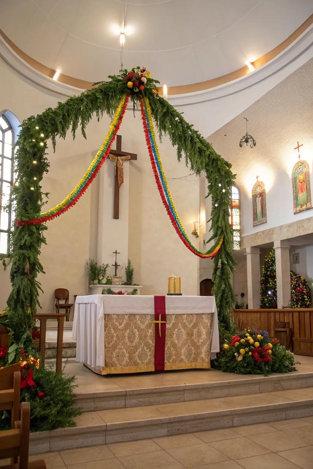 An altar decorated with celebratory decorative strands, which cultivates a joyous and hospitable ambiance.