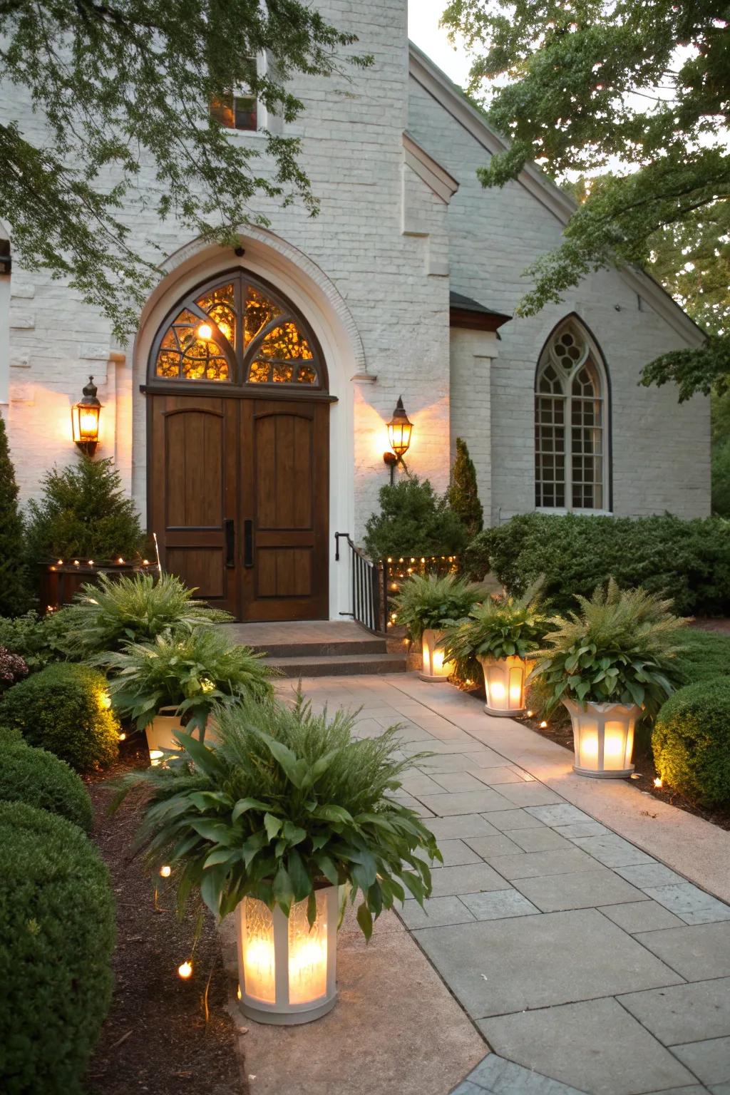 Church entrance with outdoor flora boxes and luminaries.