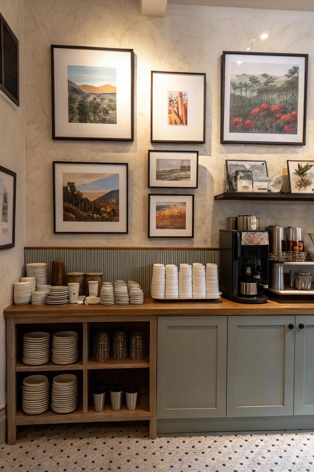 Artistic elements that personalize the coffee bar space.