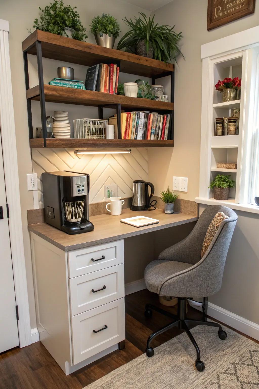A welcoming coffee corner in a home office space.