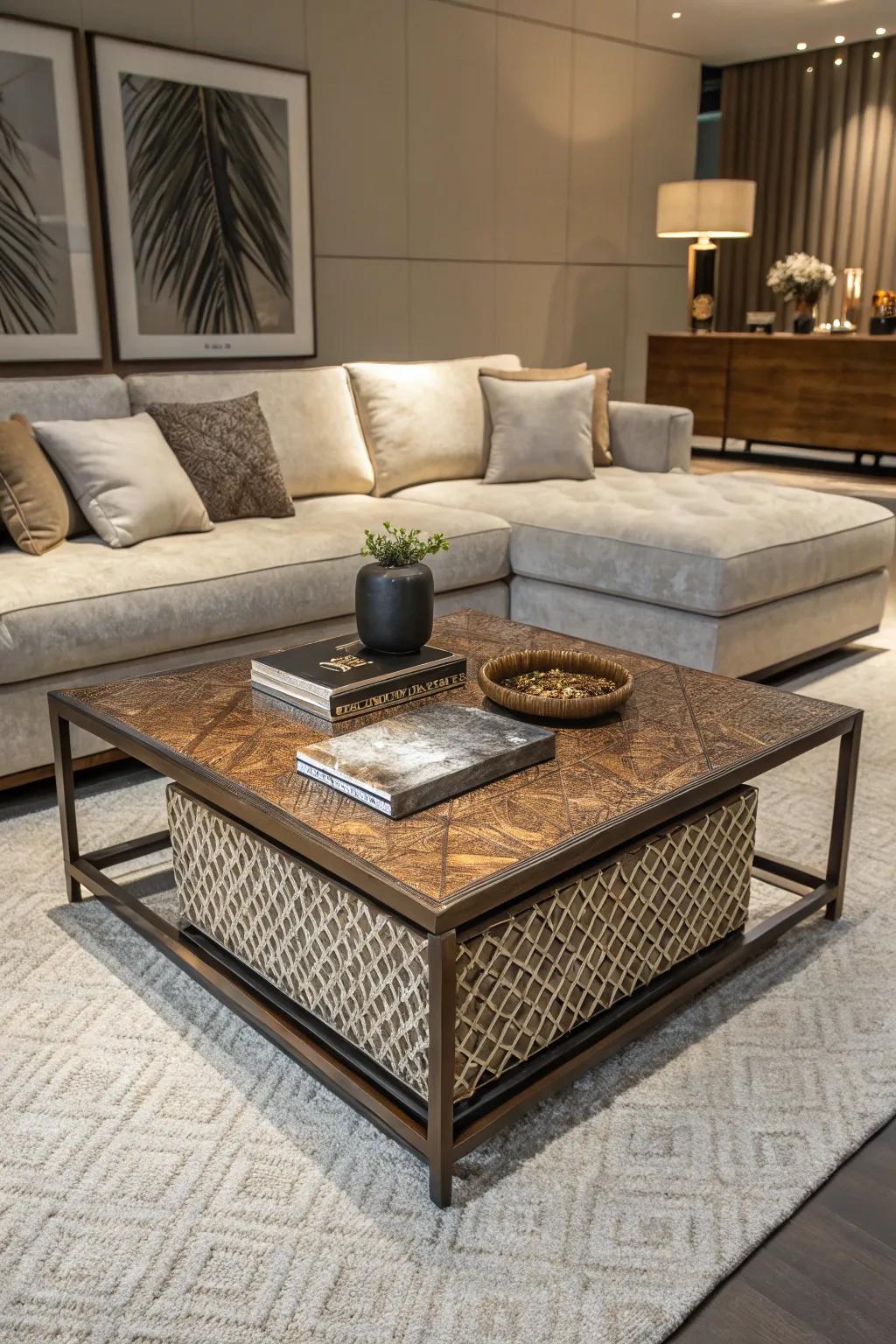 A mixed-material center table adds texture and depth to a modern living room.