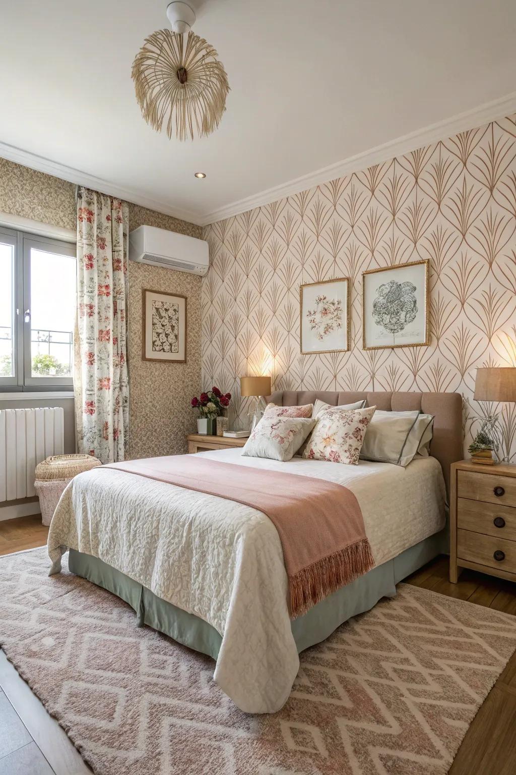 Embossed wall coverings add depth and luxury to this color-saturated room.
