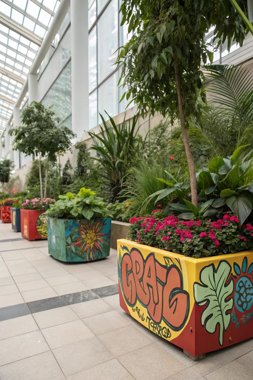 An indoor garden area with graffiti-decorated planters.
