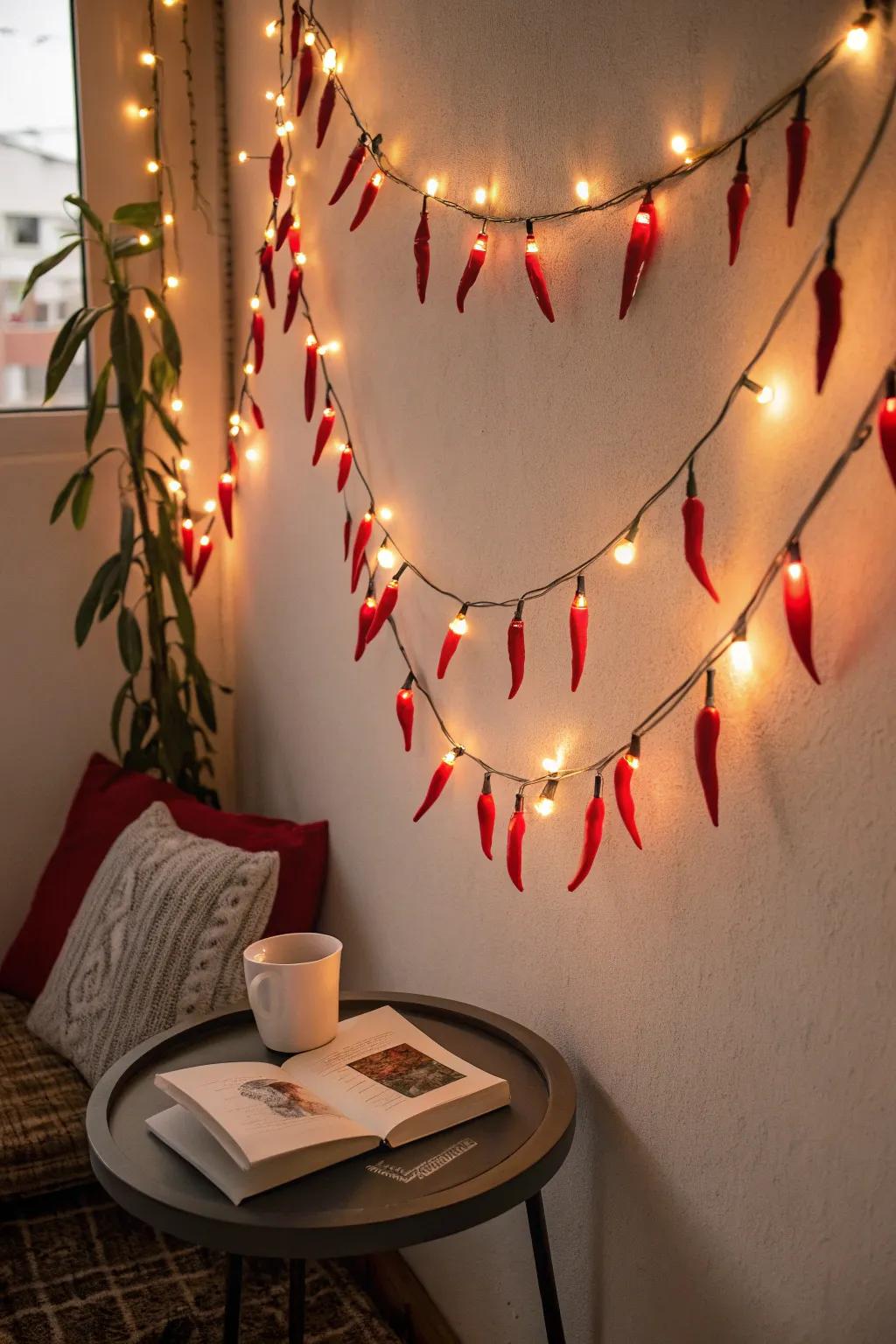 Distinctive red pepper-shaped lighting adding charm to the ambiance.