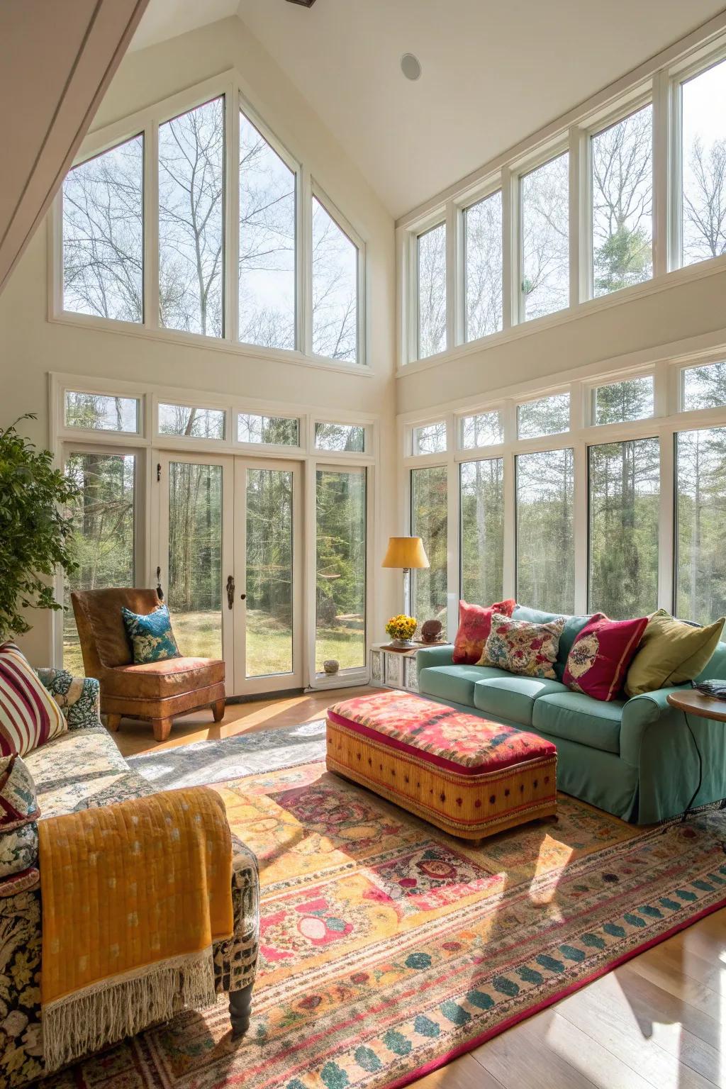Floor-to-ceiling windows illuminate the colorful decor in this airy living area.