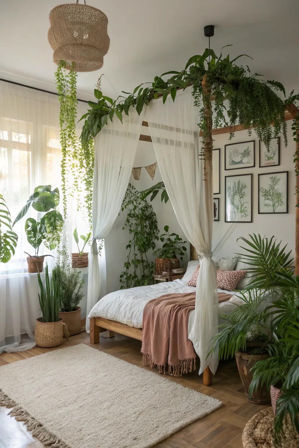 A plant-inspired theme infuses this bedroom with freshness and life.