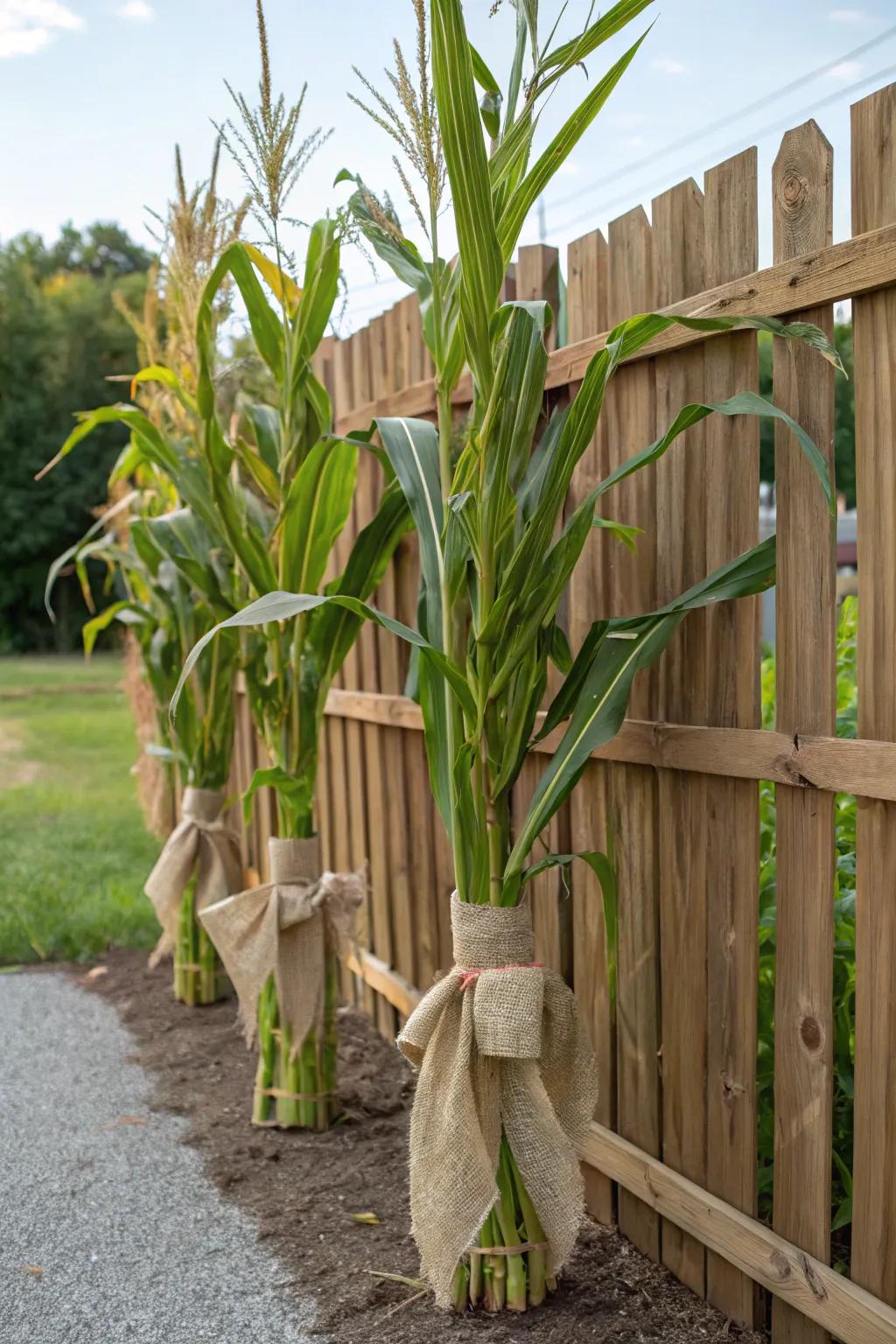 Achieve a chic, country-style appearance with corn stalks bound in unrefined fabric.