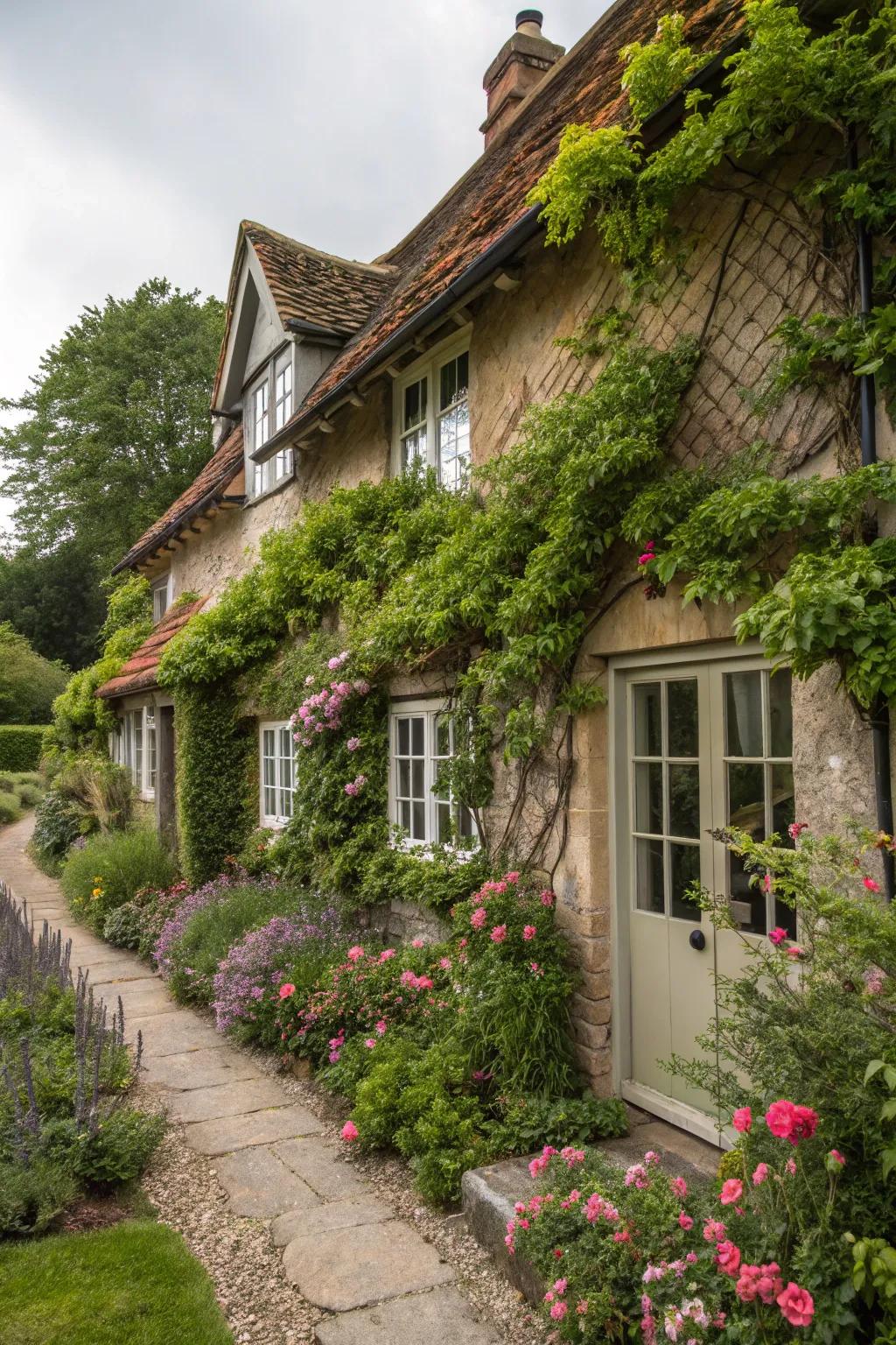Climbing tendrils introduce a hint of enchantment to a cottage facade.
