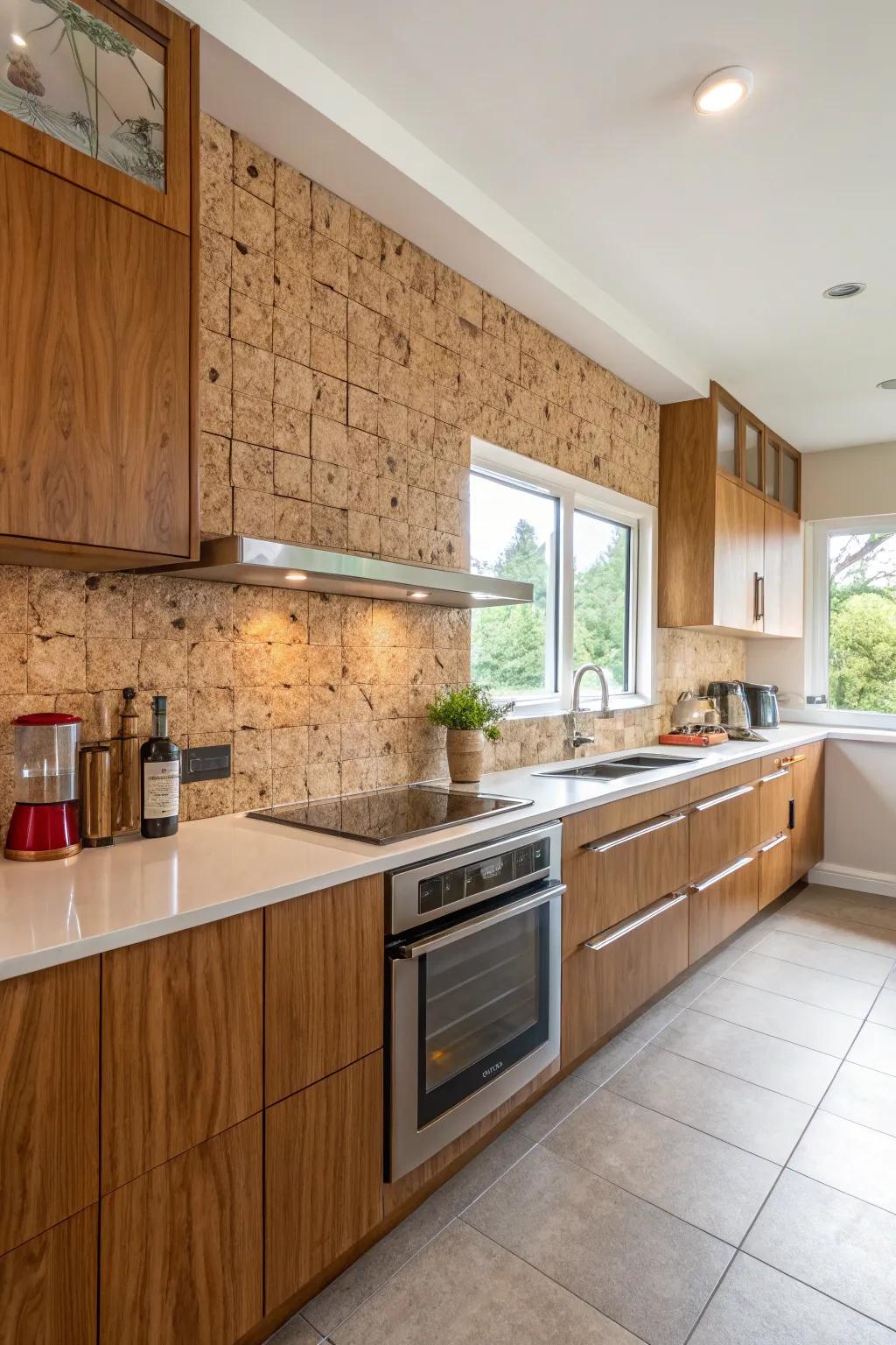 Cork backsplashes offer a unique texture and an eco-friendly design choice.