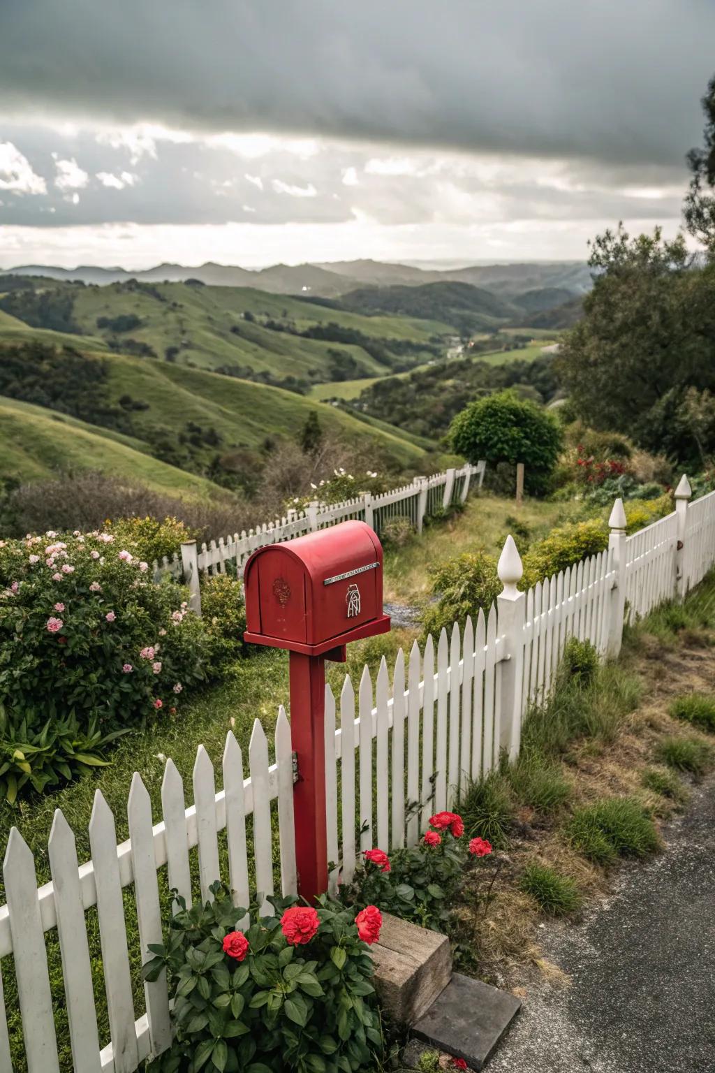 A gated fence mailbox creates a charming and inviting entry.