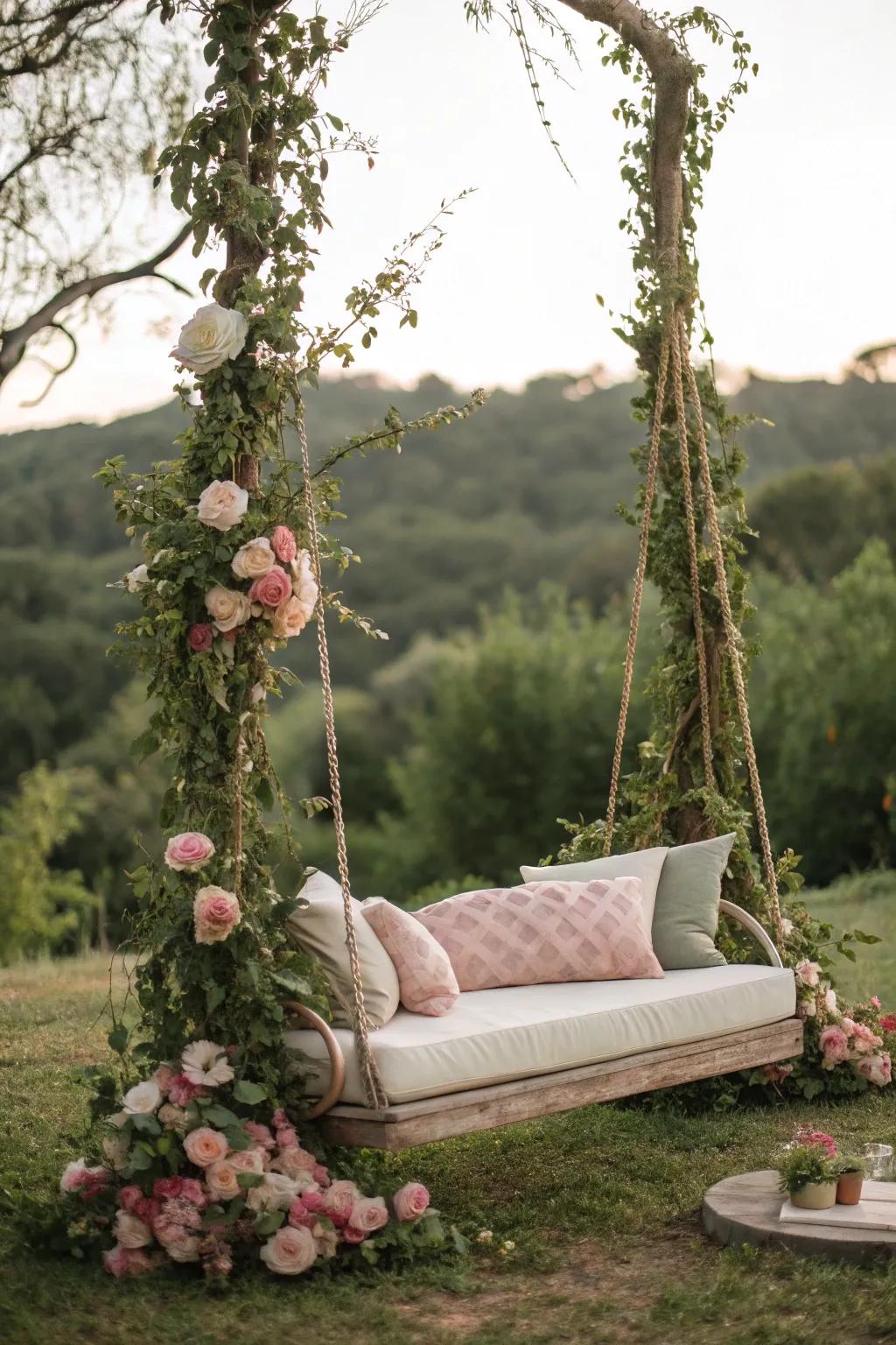 A whimsical cushioned swing wrapped in vines at a countryside wedding.