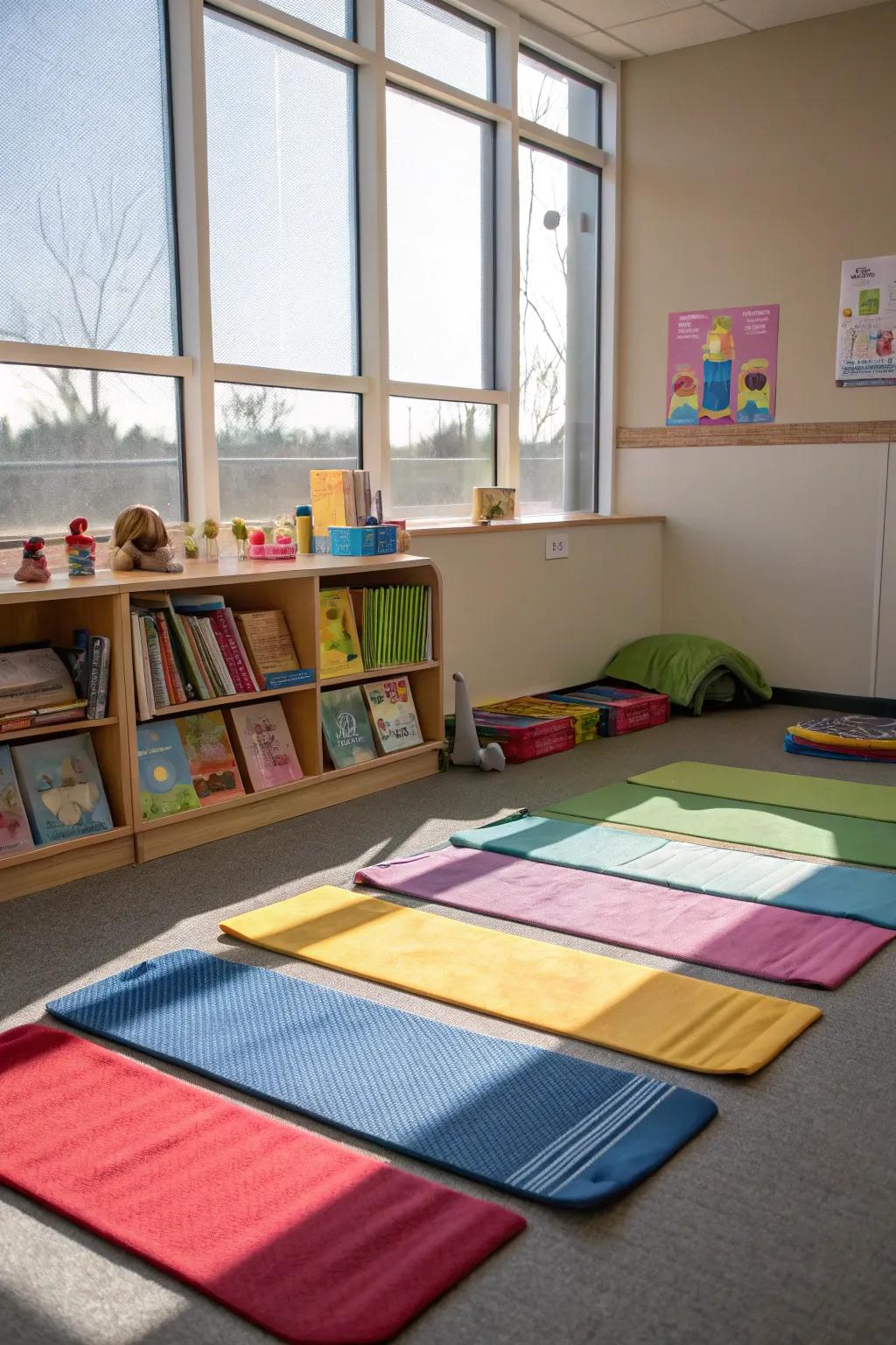 Relaxation mats encourage calming physical activities.