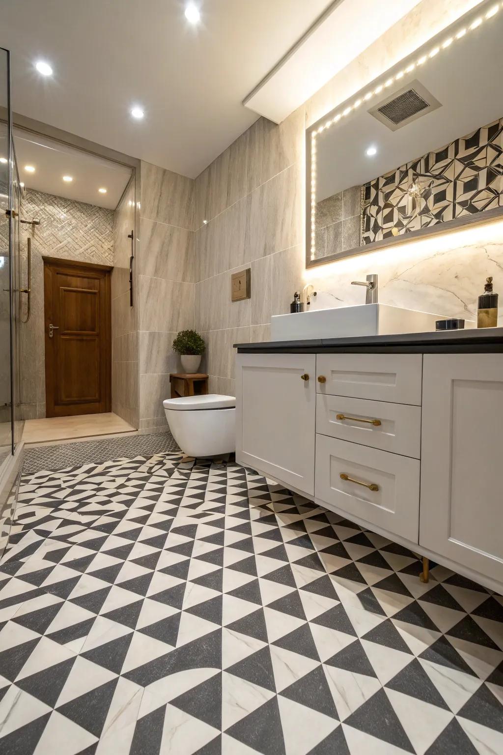 A bathroom floor using optical illusions to creatively trick the eye.