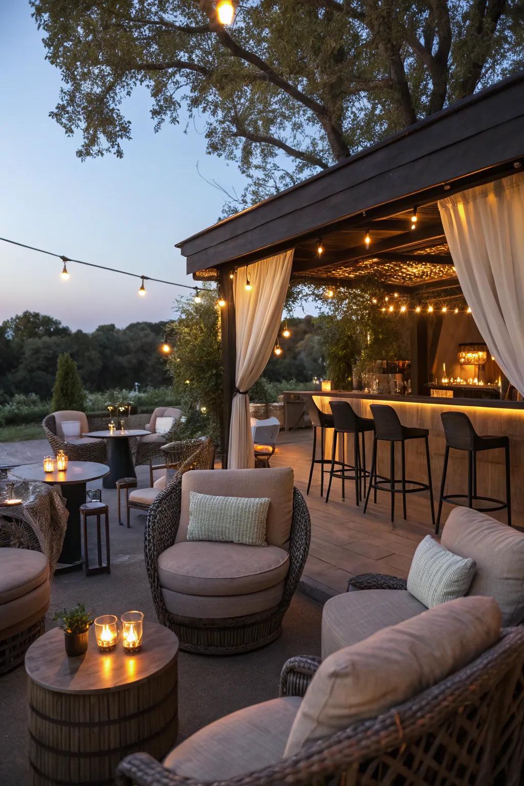 A corner nook turned into a snug outdoor bar.