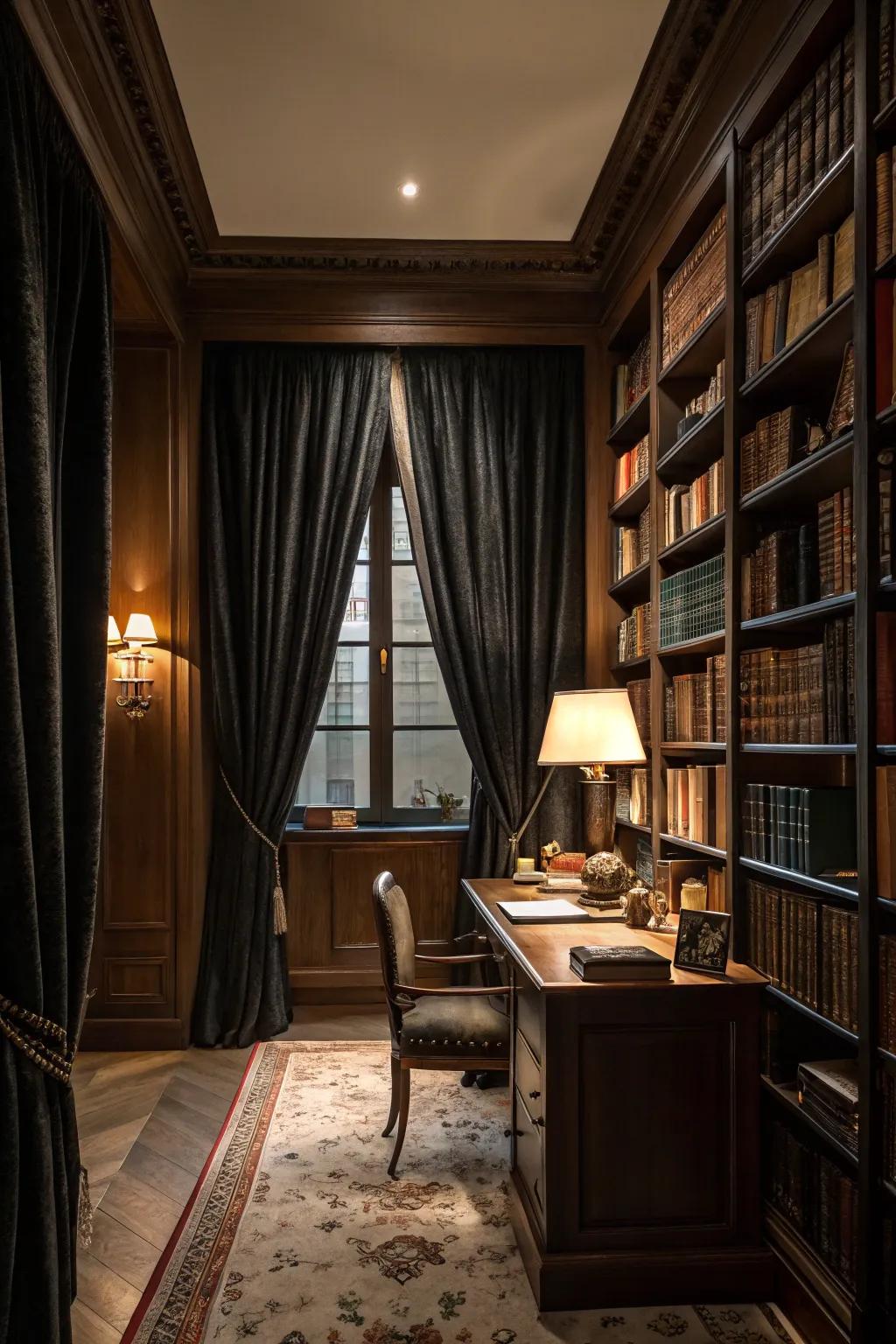 Dark outlined coverings enrich persona and intrigue.