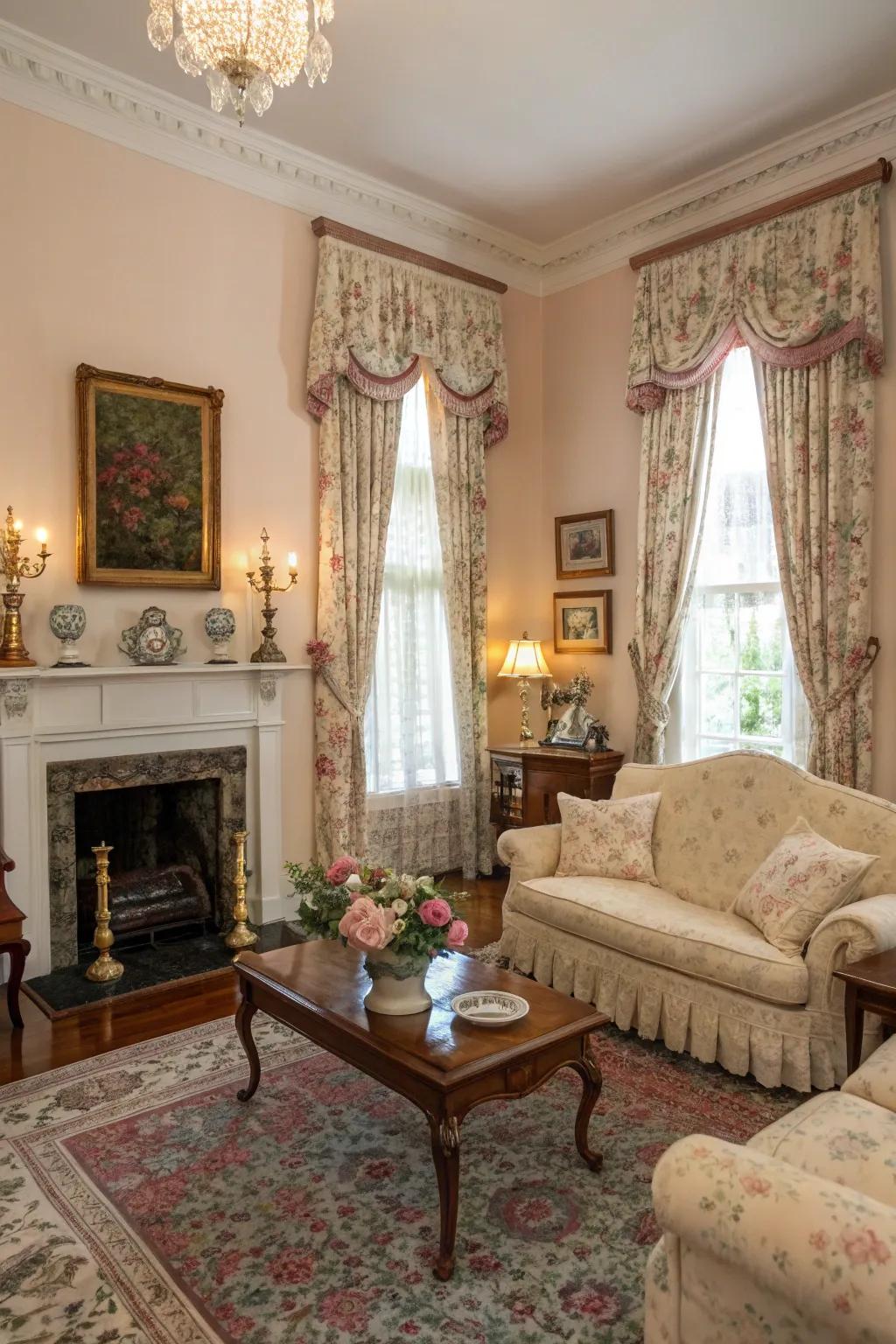 Classic flowery window coverings offer timeless charm and elegance.