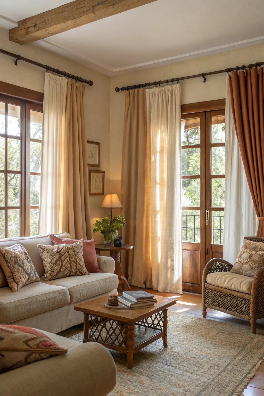 Earthy tones in coverings fashion a warm and welcoming atmosphere.