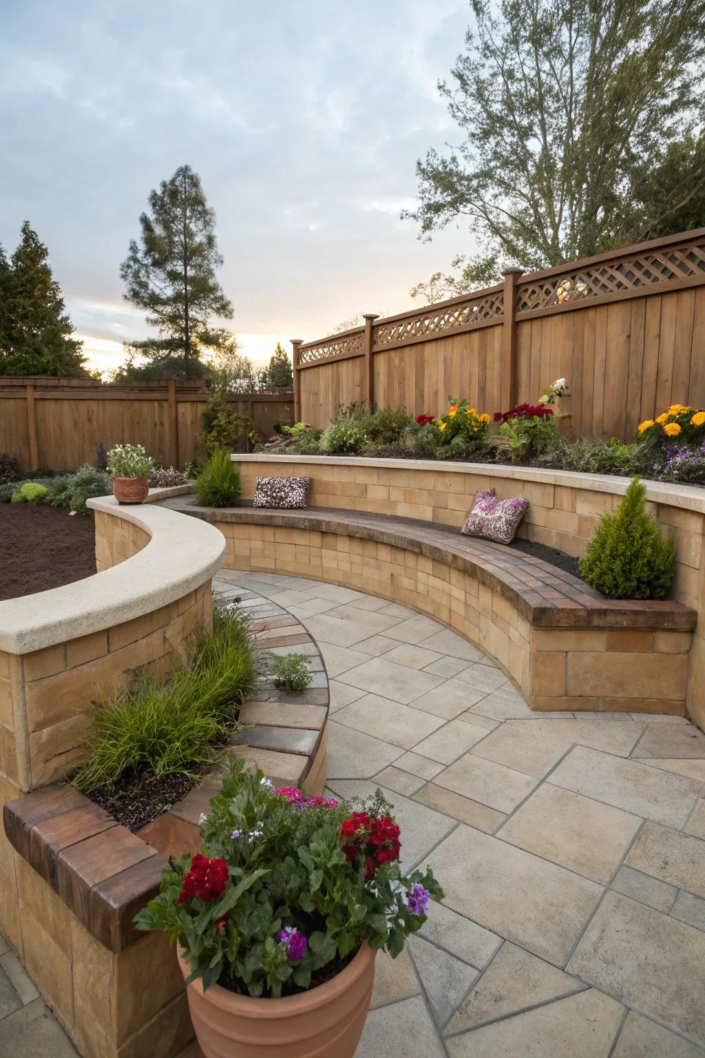 A functional curved patio showcasing built-in seating and planters.