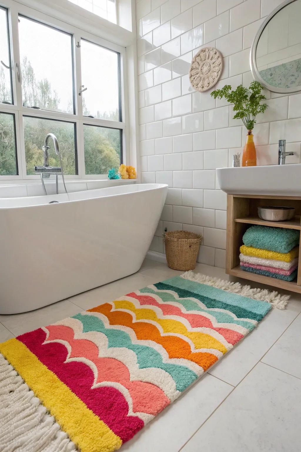 A multi-colored bath mat elevates the mood and infuses vibrancy into your bathroom.