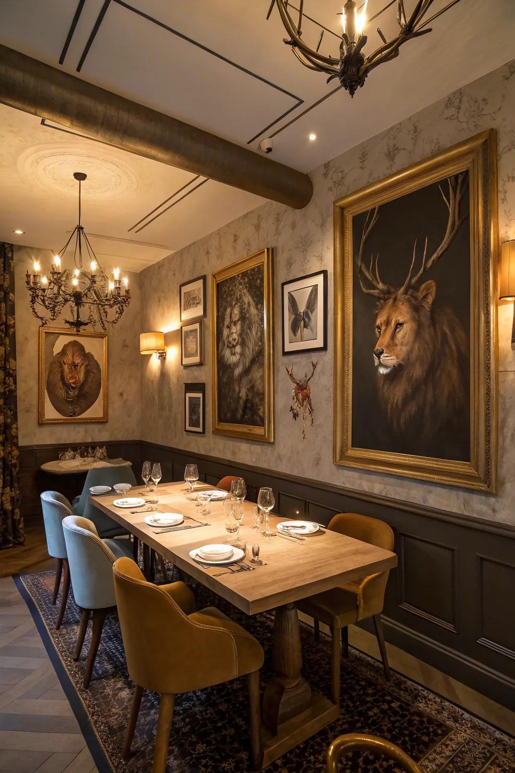 Surreal fauna renderings add an unexpected element to a dining space.