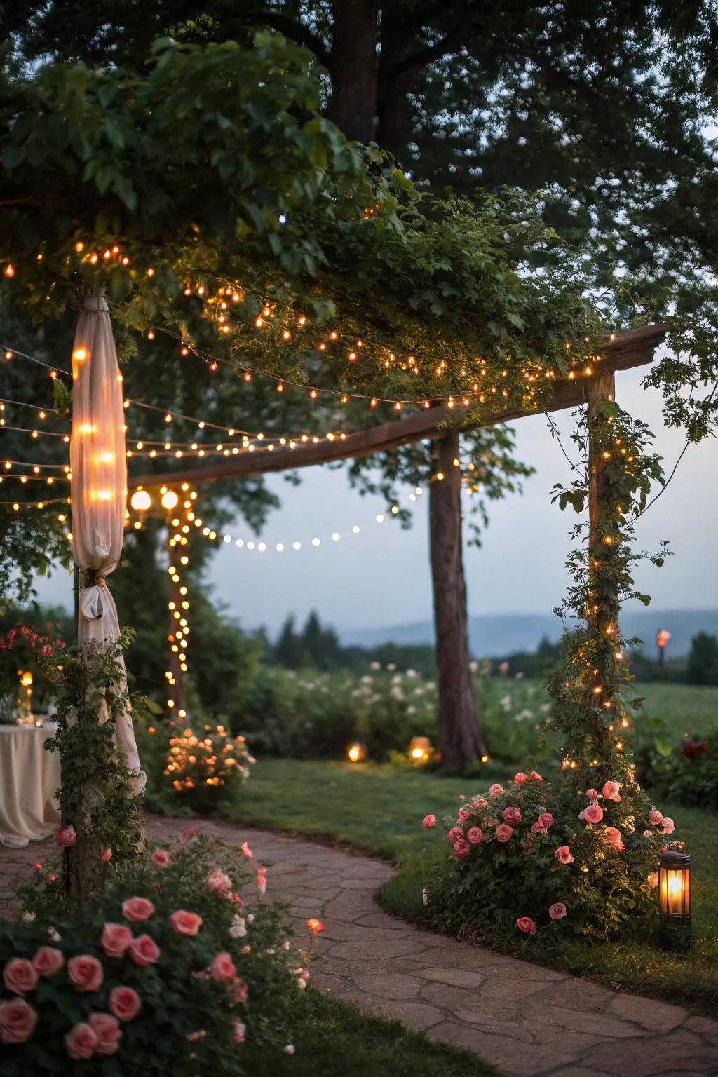 Fairy lights include a magical ambiance for evening enjoyment.