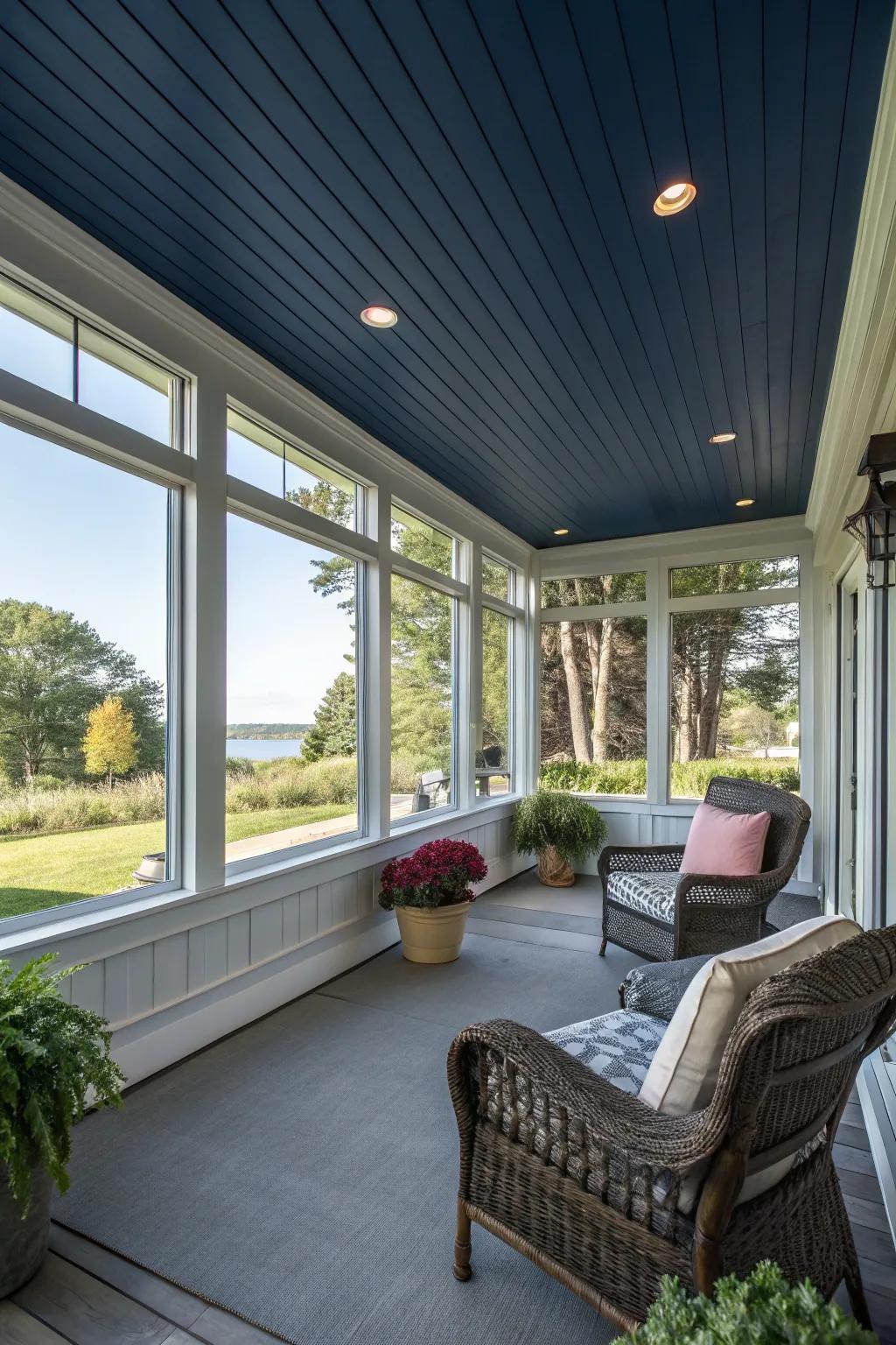 Outdoor inspiration achieved through a dark blue ceiling indoors.