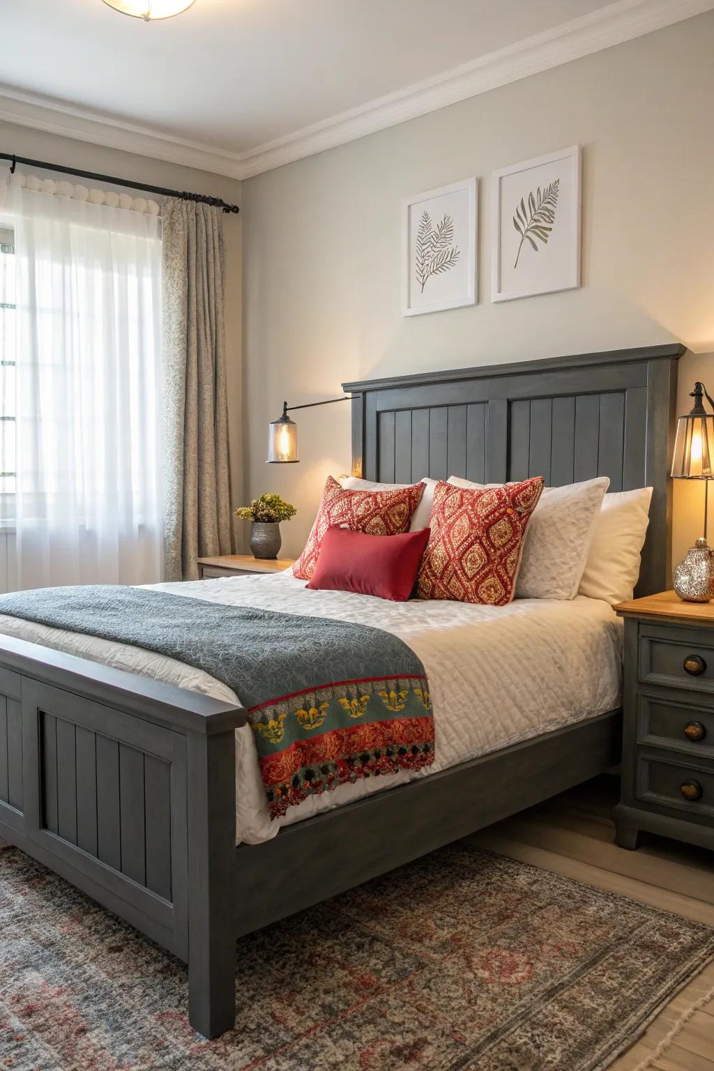 A burst of tint contributes energy and contrast to a grey-themed boudoir.