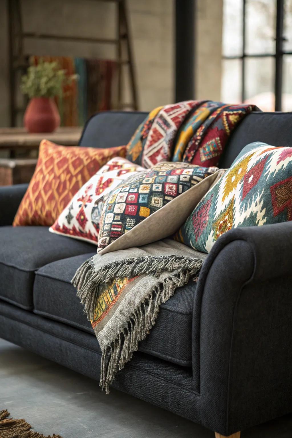 Combining designs adds a playful touch to a grey loveseat arrangement.
