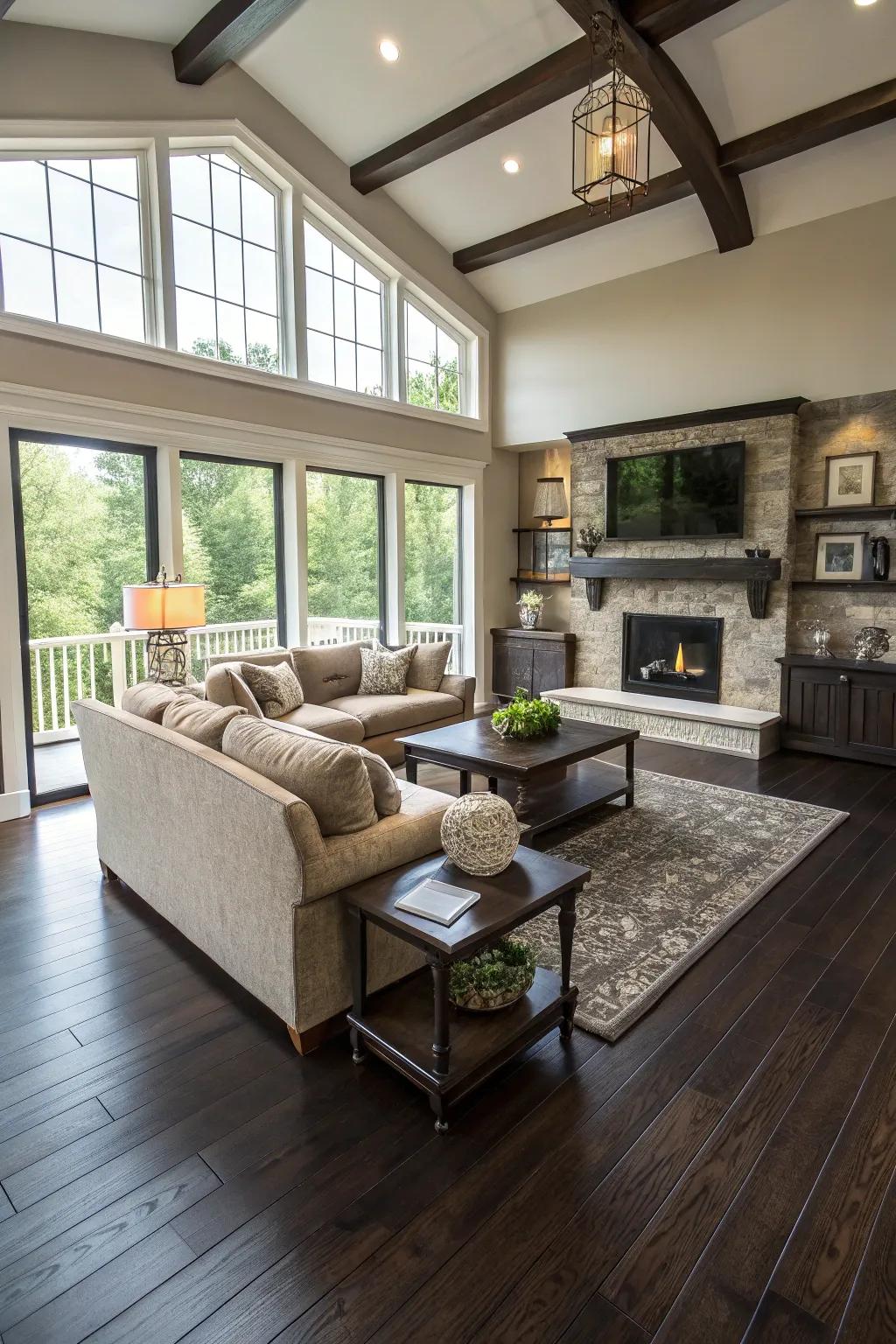The open layout showcases the elegance of dark wood floors.