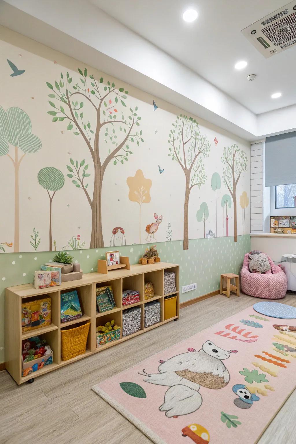 A daycare area promoting sustainability with environmentally friendly wallcovering.
