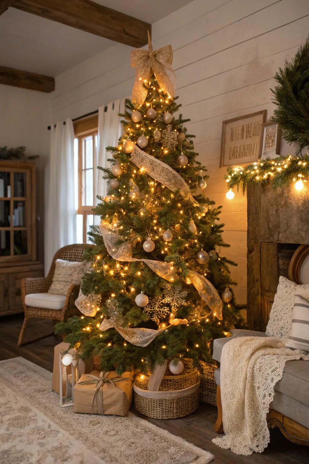 A countryside elegance Yuletide tree using warm lights and charming decorations.