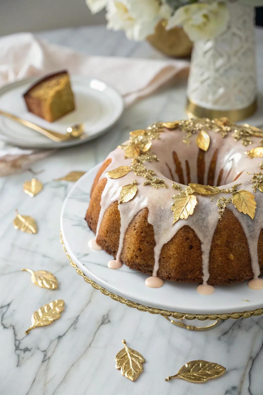 A bundt cake adorned with luxurious gold leaf decorations.