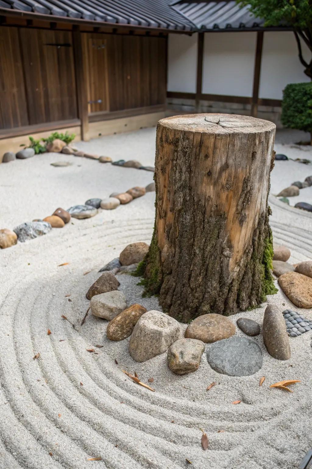 Find peace with a zen garden on a tree stump.