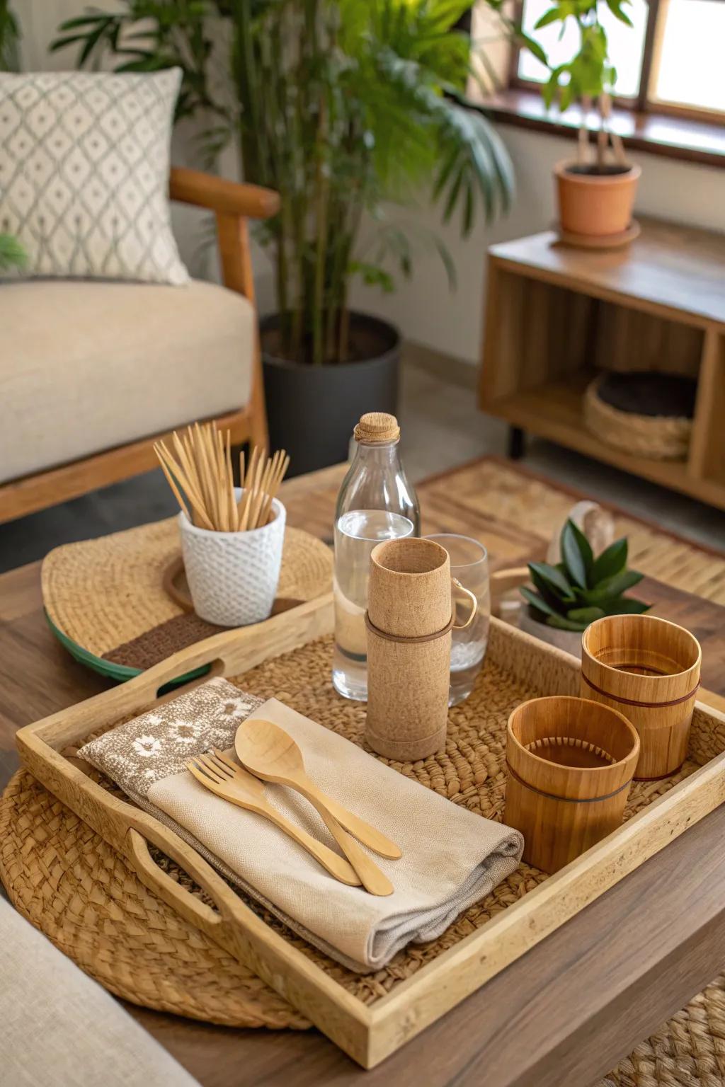 Ecologically sound selections using sustainable materials upon a decorative serving board.