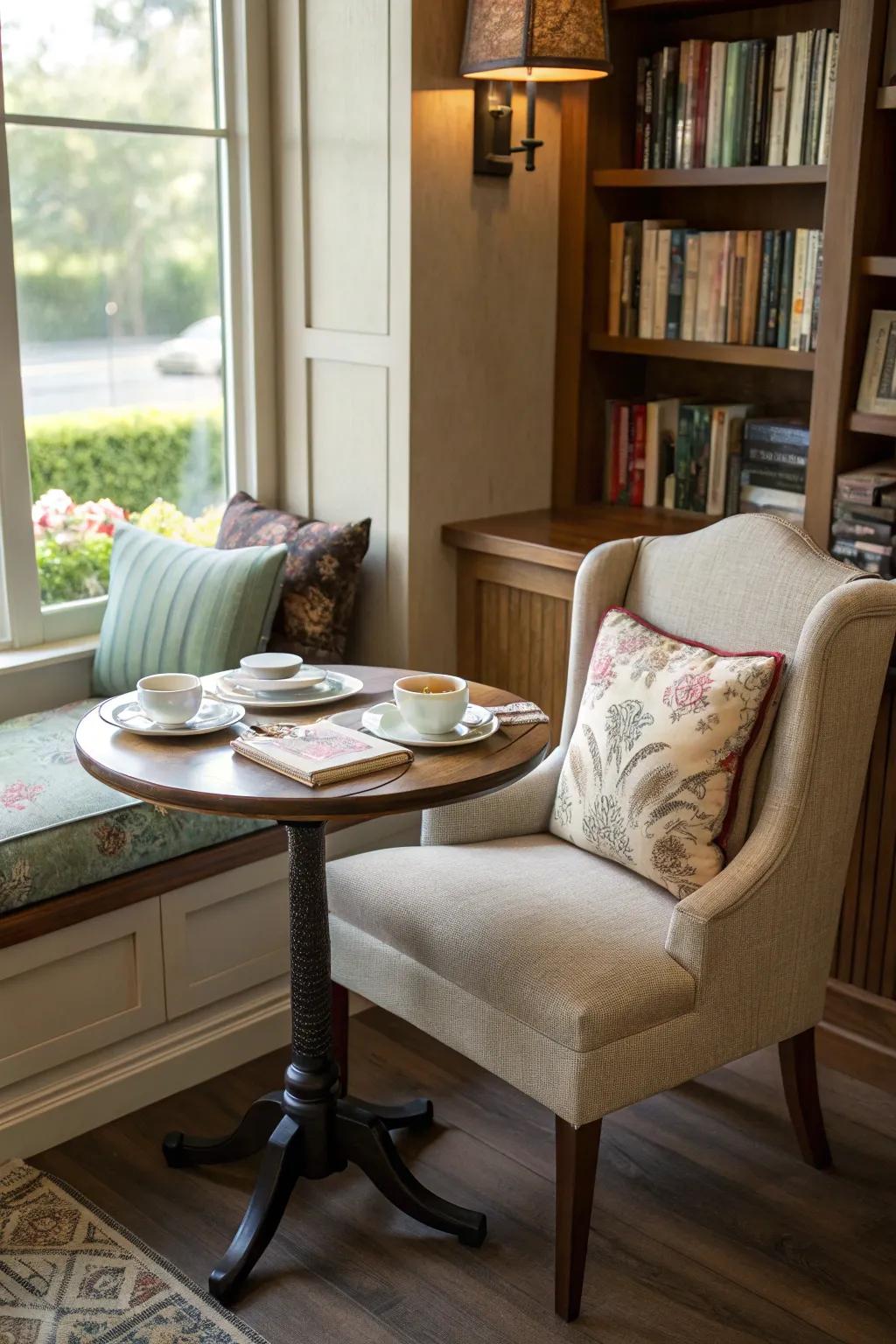 A reading nook dining area offers a quiet space.