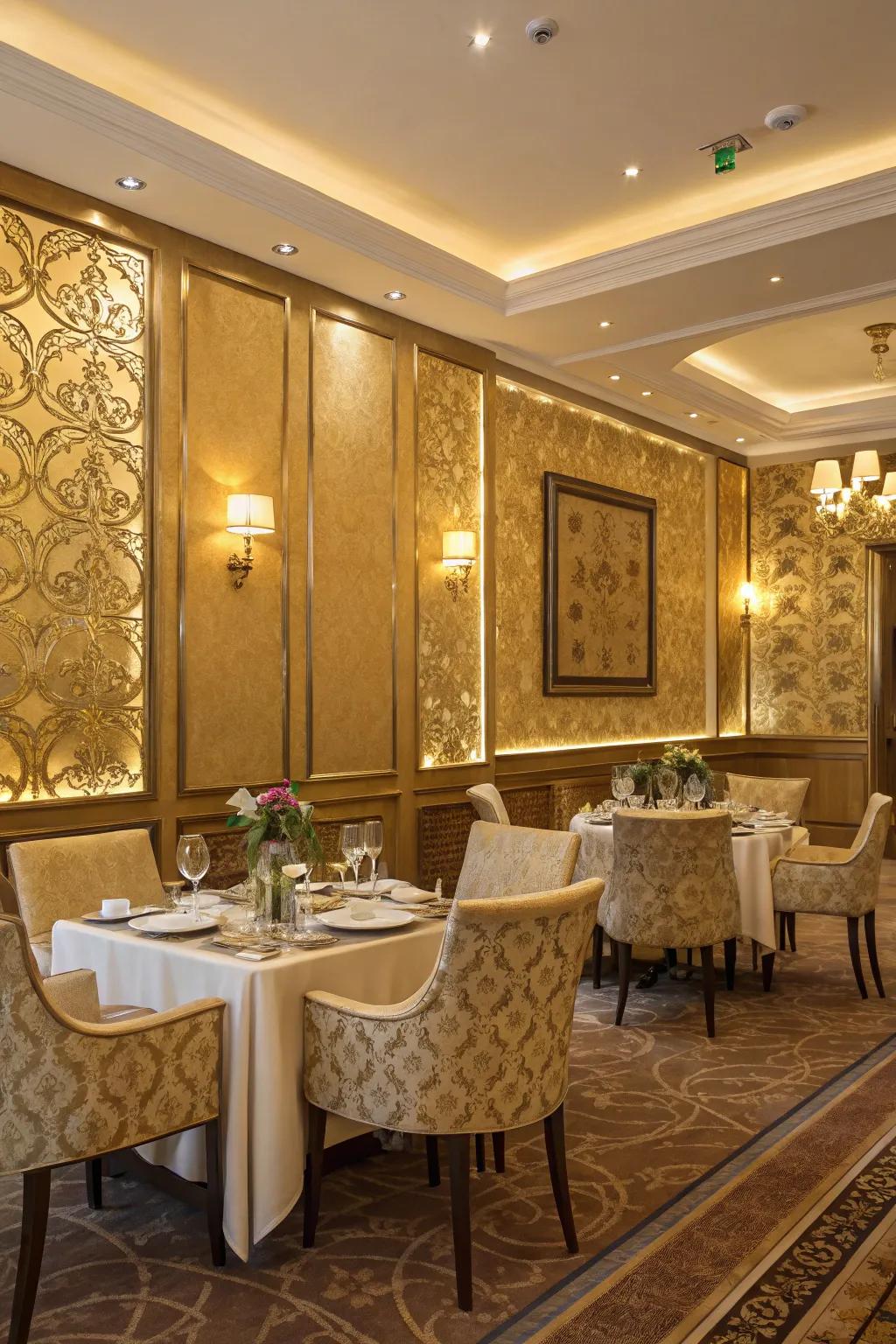 An opulent dining space glows with luxurious golden hues.
