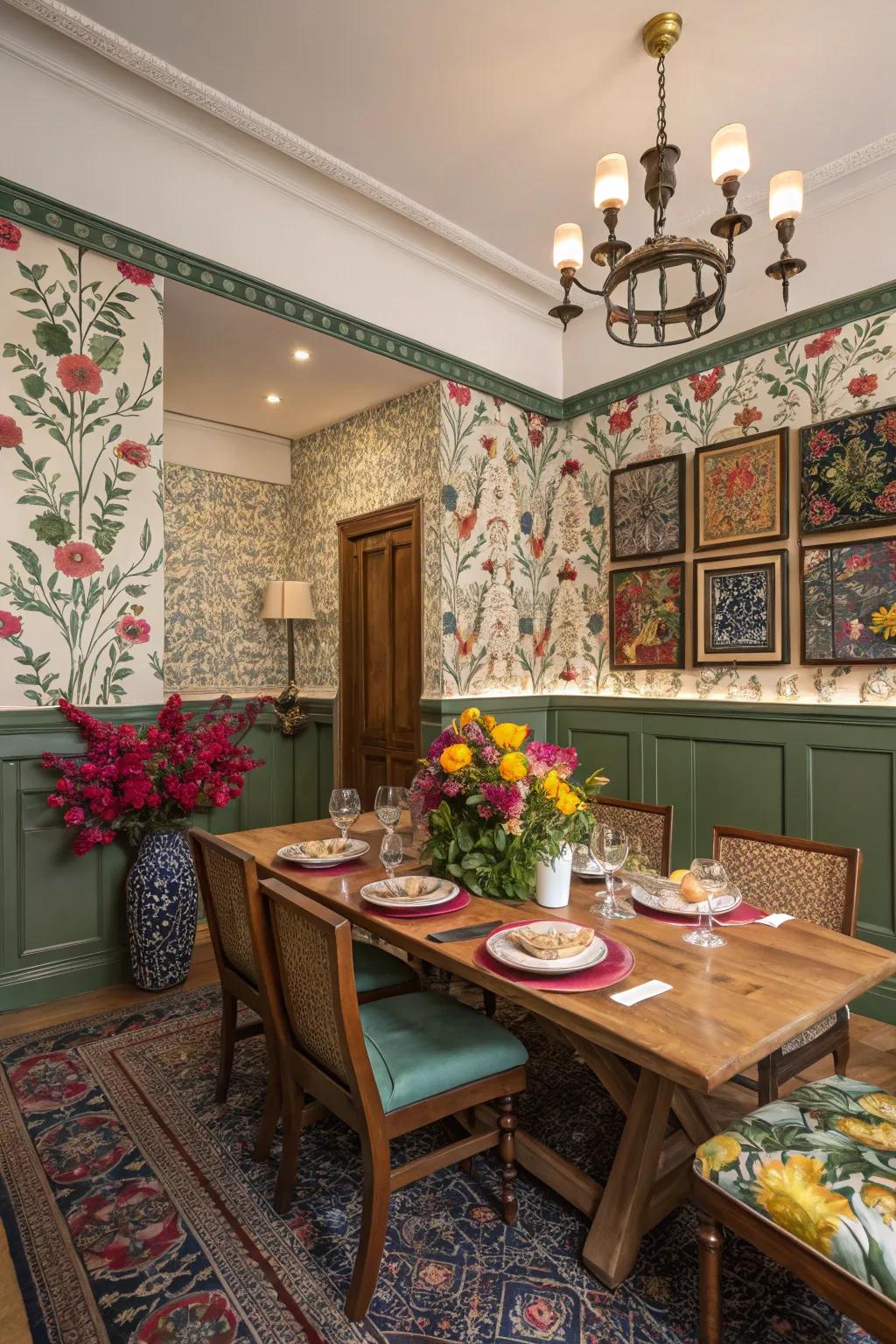 The dining area feels more natural with the botanical highlights in the wainscoting.