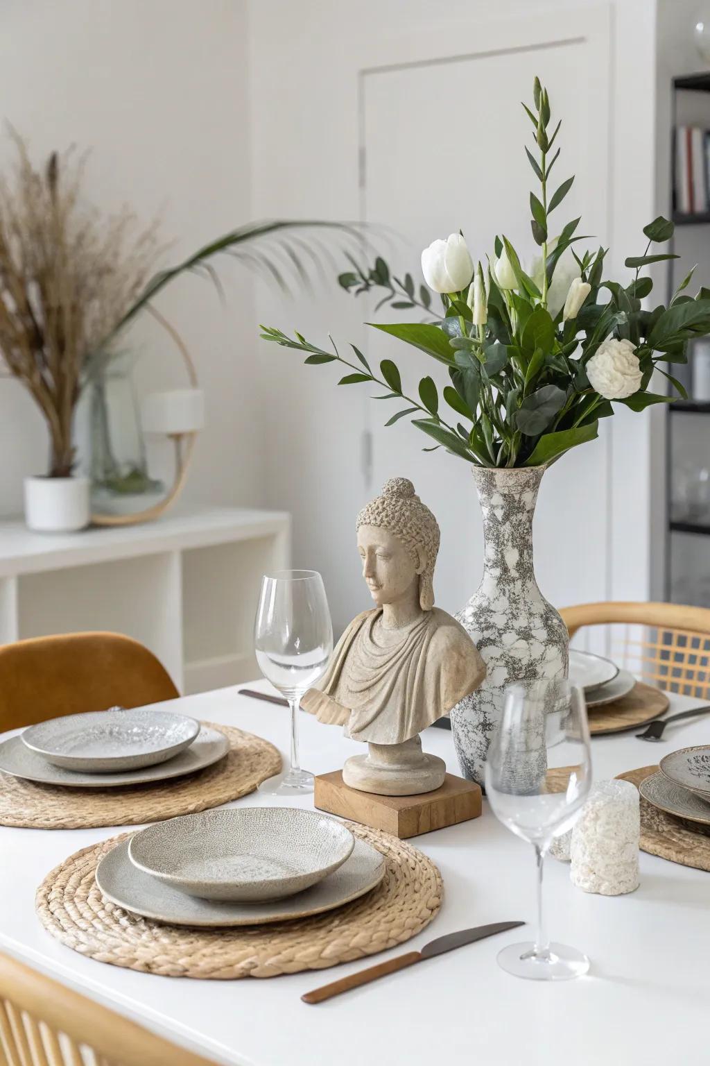 An unconventional art piece introduces intrigue and sophistication to your dining table.