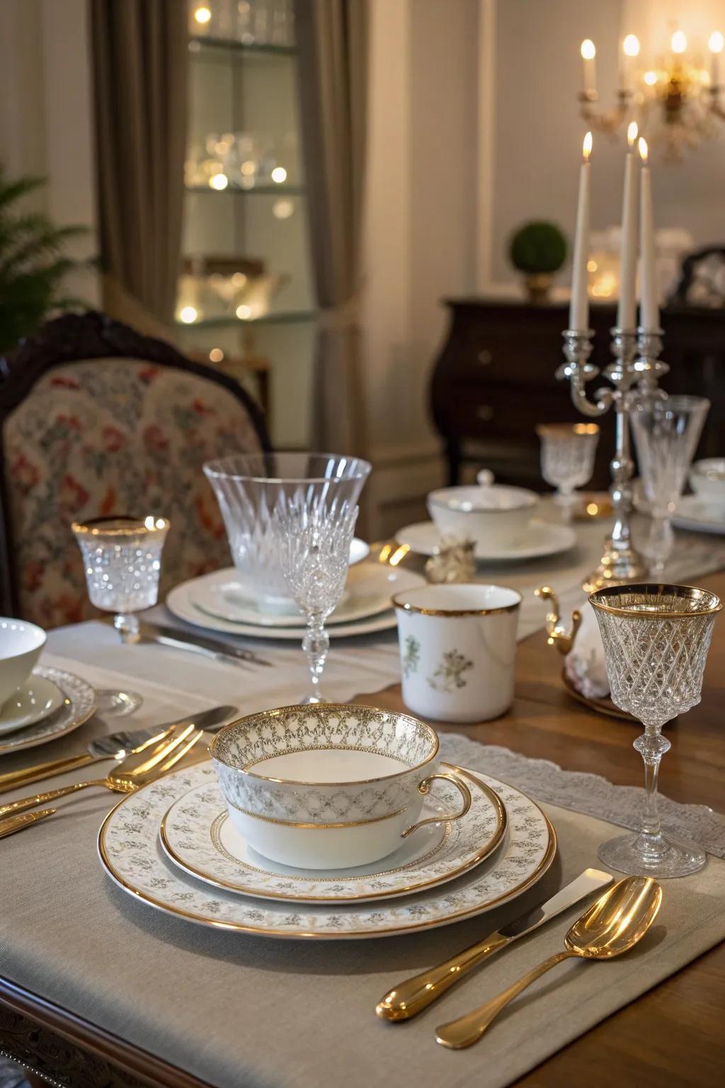 A dining table showcasing elegant serveware as ornamentation.