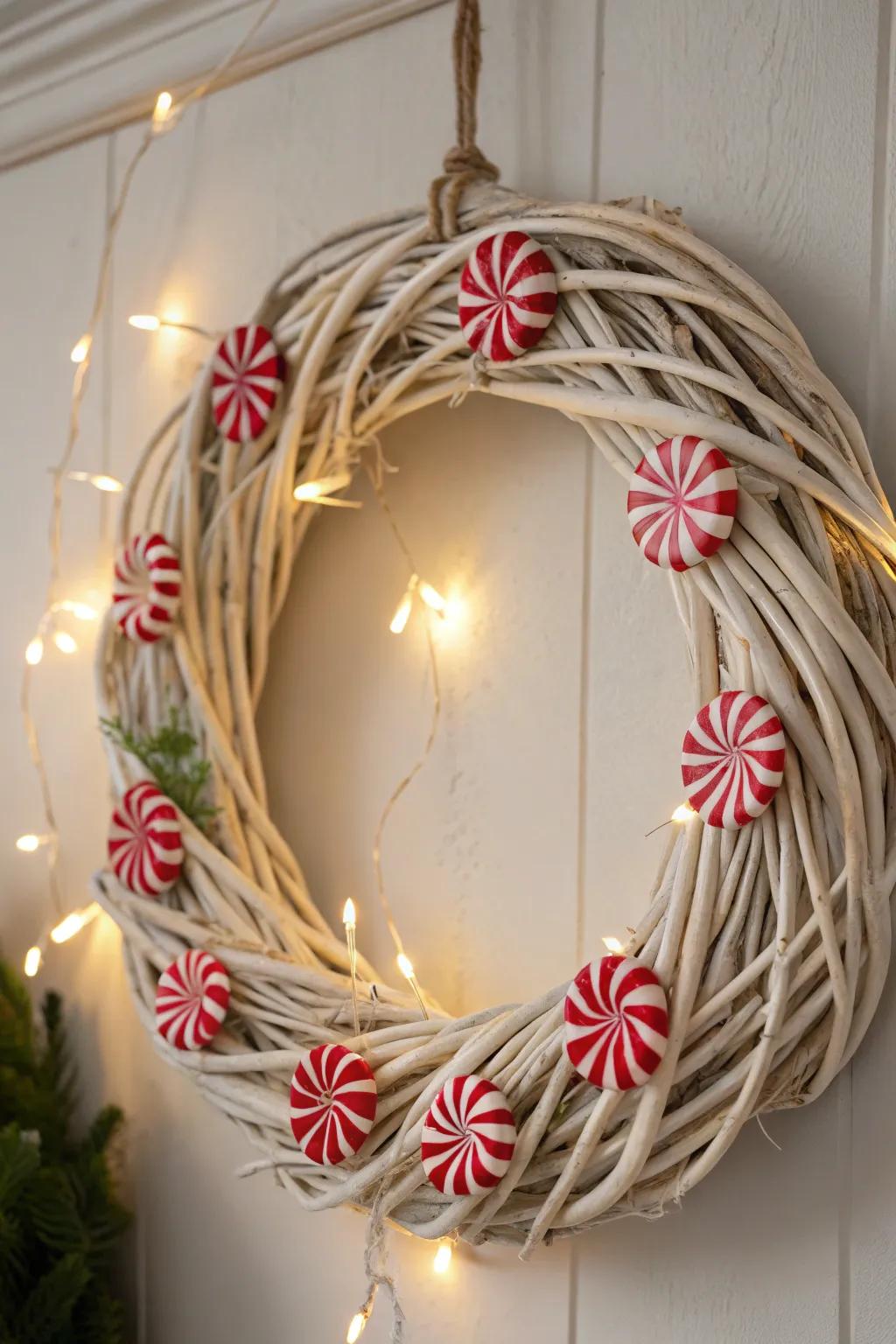 Indulge in the sweetness of the epoch through this endearing confection cane and peppermint wreath!