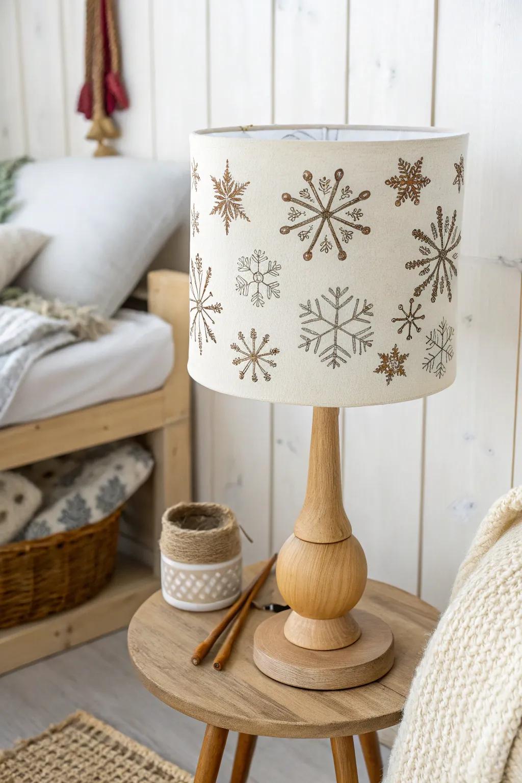 Illuminate your space with winter's charm: a hand-painted lampshade adorned with delicate snowflakes for a touch of seasonal elegance.