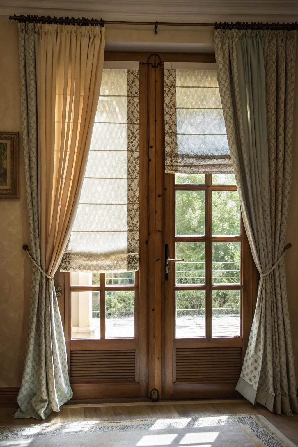 A multi-layered approach offers versatile privacy and design for entryway windows.