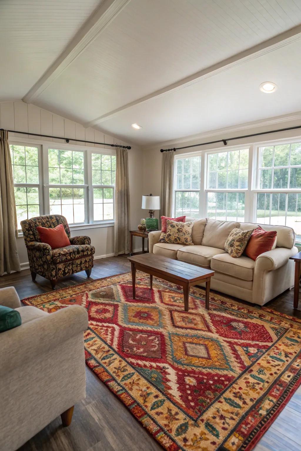 A statement ground covering can bring hue and cohesion to your space.