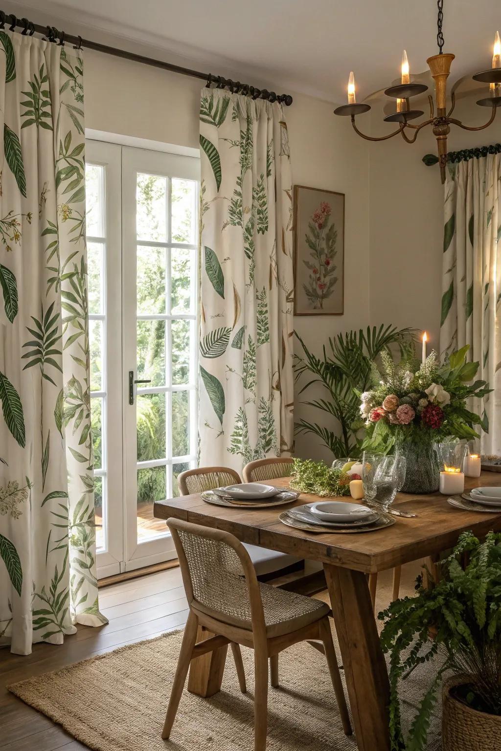 Drapes with plant-based designs adding a fresh and natural touch to a dining room.
