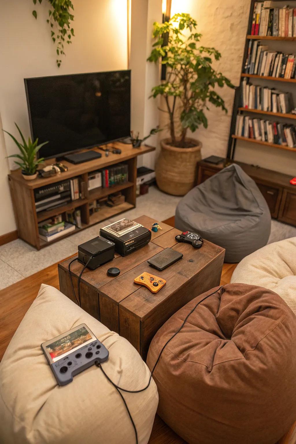 A gaming nook by using bean bags delivers casual ease.