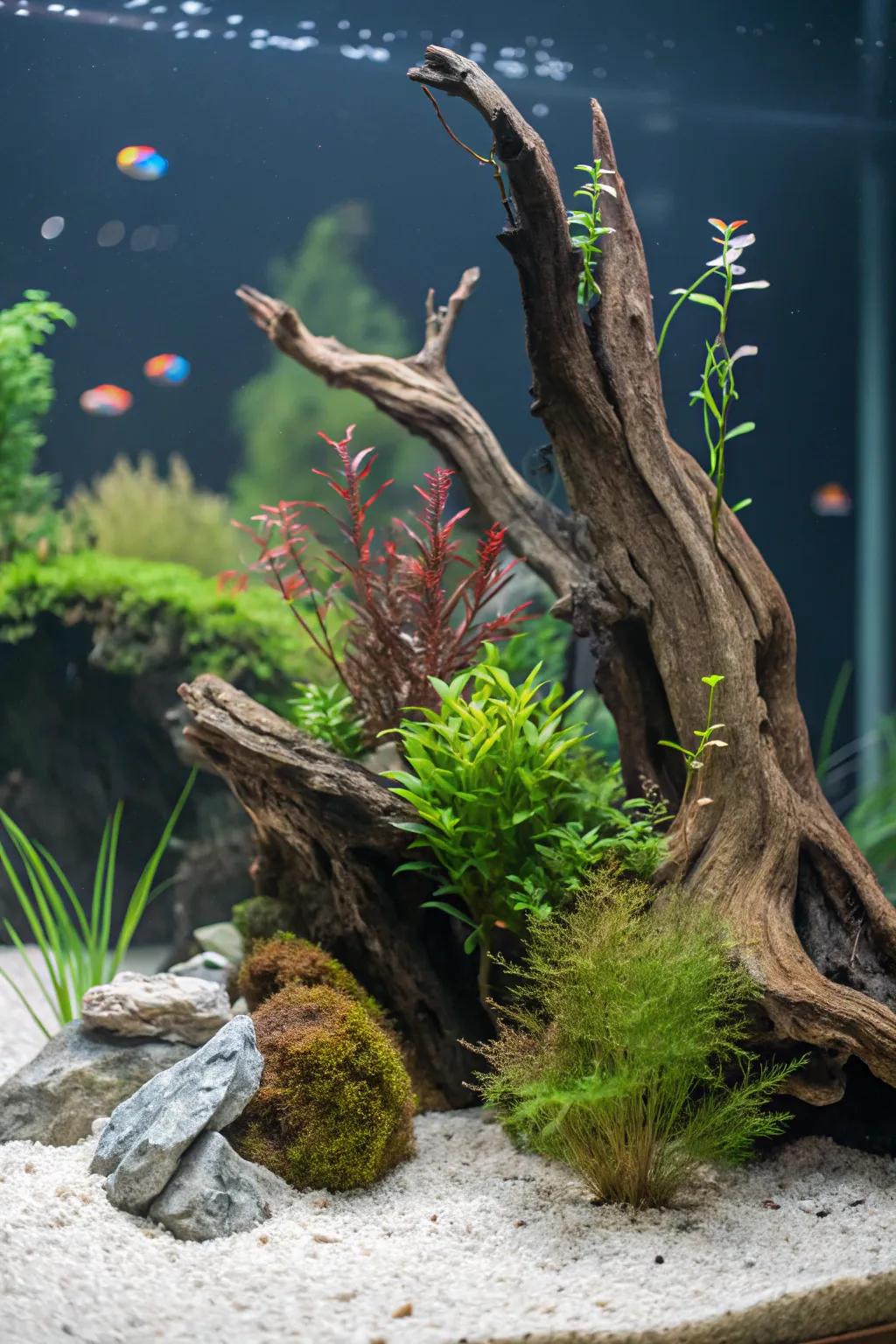 An enchanting woodland waterscape featuring whimsical aquatic wood and flora.